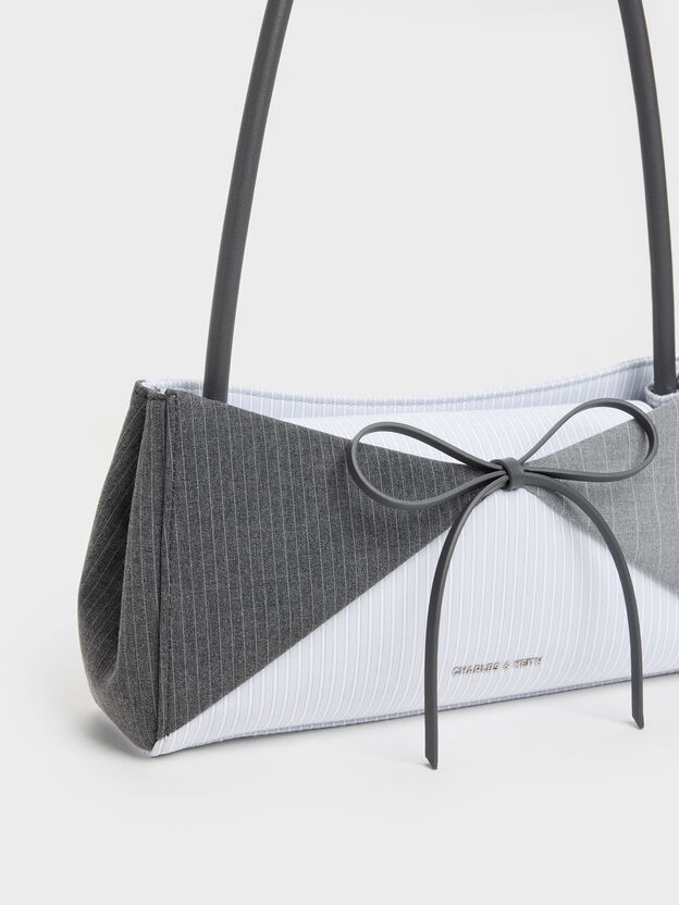 Hazel Striped Bow Panelled Shoulder Bag, Grey, hi-res