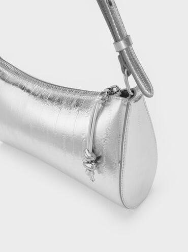 Augustine Metallic Eel-Effect Sculptural-Detail Shoulder Bag, Silver, hi-res