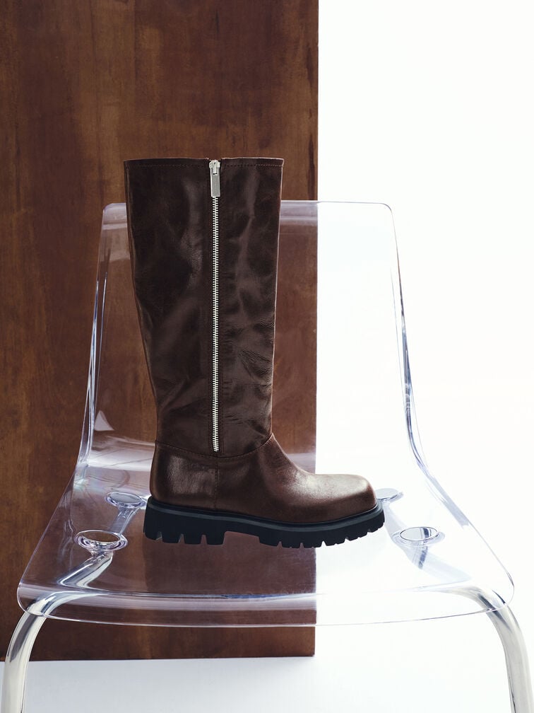 Rosamond Side-Zip Ridged-Sole Knee-High Boots, Dark Brown Textured, hi-res