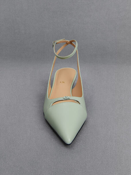 Leather Kitten-Heel Pumps, Mint Green, hi-res