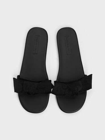 Anika Faux Suede Knot-Bow Slide Sandals, Black Textured, hi-res