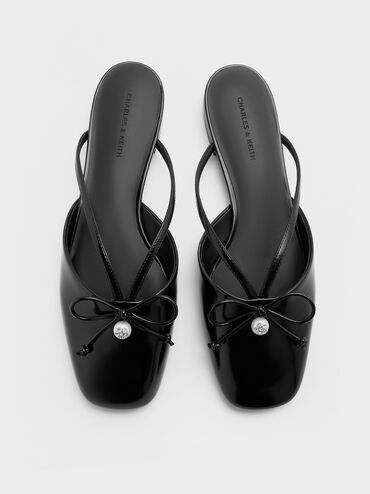 Pearl-Accent Bow Flat Mules, Black Box, hi-res