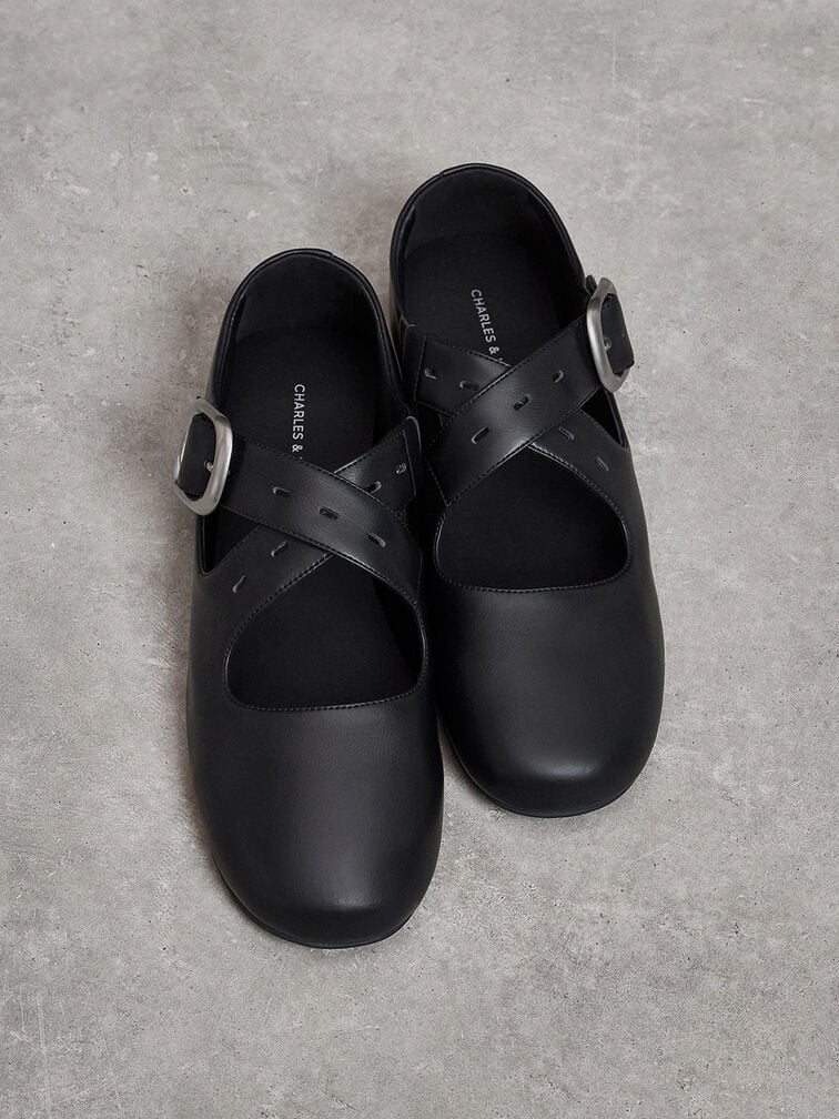 Crossover-Strap Mary Janes, Black, hi-res