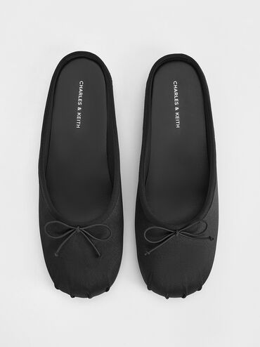Satin Bow Flat Mules, Black Textured, hi-res