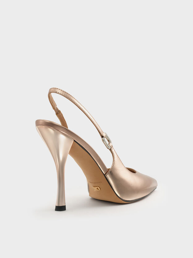 Metallic Leather Crystal-Buckle Slingback Pumps, Bronze, hi-res
