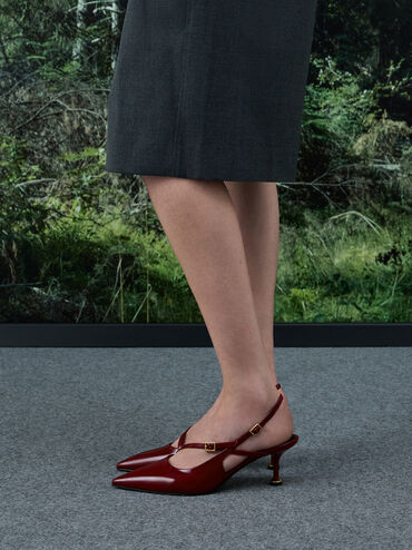 Wynn Patent Buckled Sculptural-Heel Slingback Pumps, Red, hi-res