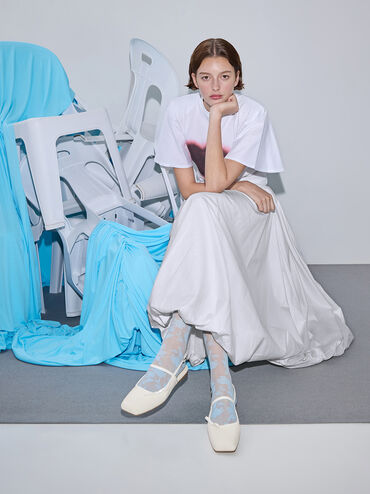 Bow Slingback Mary Jane Flats, White, hi-res