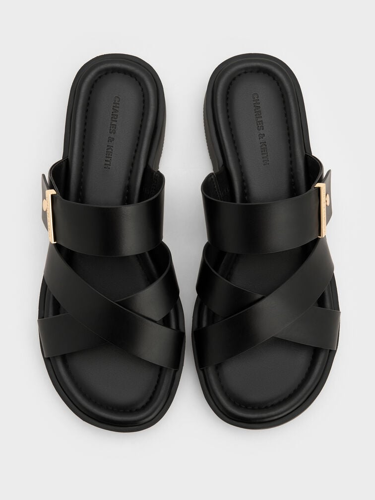 Metallic-Accent Crossover-Strap Slide Sandals, Black, hi-res