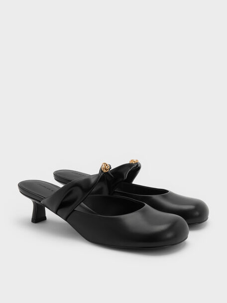 Metallic-Accent Twisted-Strap Heeled Mules, Black, hi-res