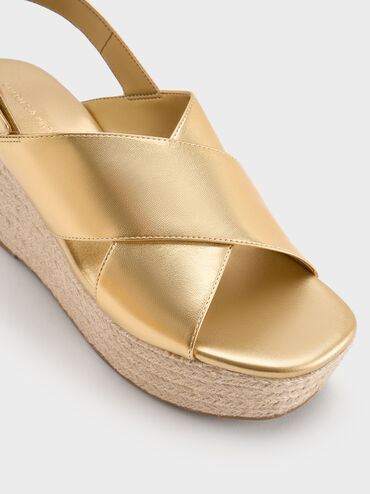 Metallic Crossover Espadrille Wedges, Gold, hi-res