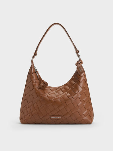 Ivette Woven Tassel Hobo Bag, Chocolate, hi-res