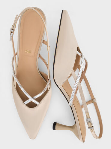 Recycled Polyester Crystal-Embellished Slingback Pumps, Champagne, hi-res
