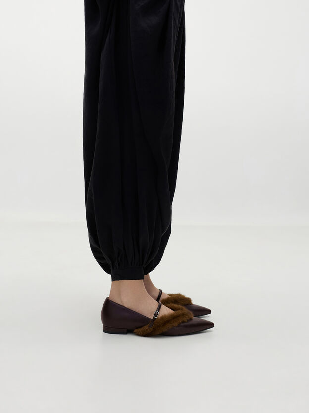 Emila Fur-Trim Pointed Mary Janes, Dark Brown, hi-res