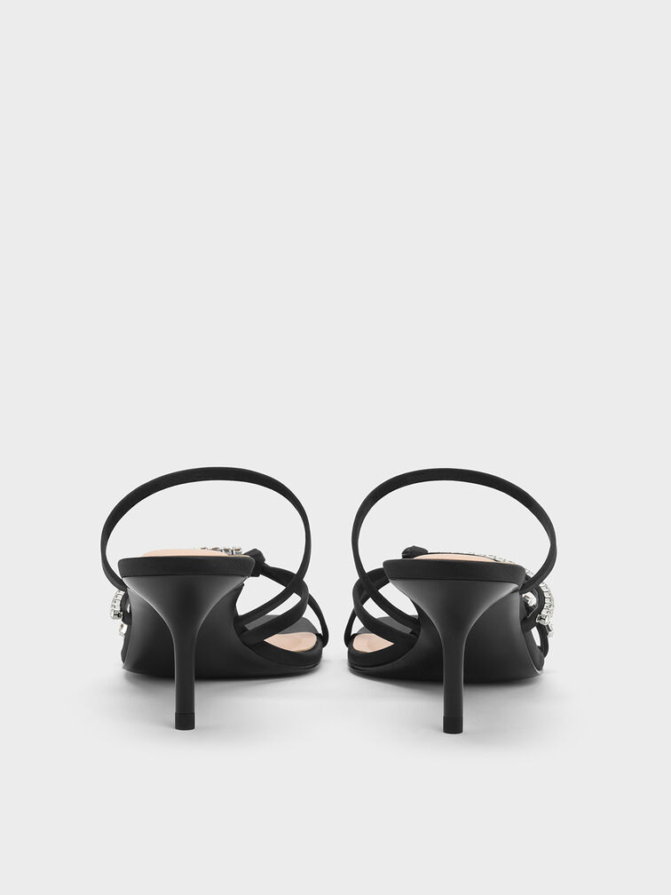 Recycled Polyester Gem-Embellished Strappy Heeled Sandals, Black Textured, hi-res