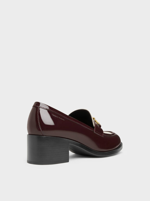 Two-Tone Metallic-Buckle Loafer Pumps, Burgundy, hi-res