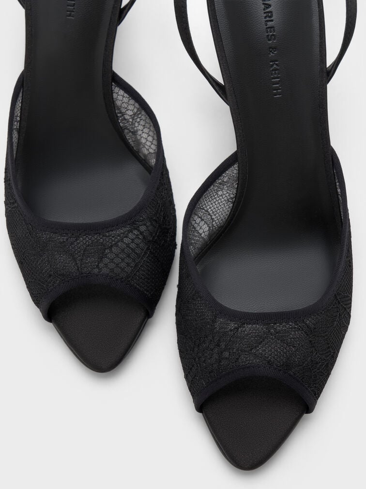 Lace & Satin Peep-Toe Heels, Black Textured, hi-res