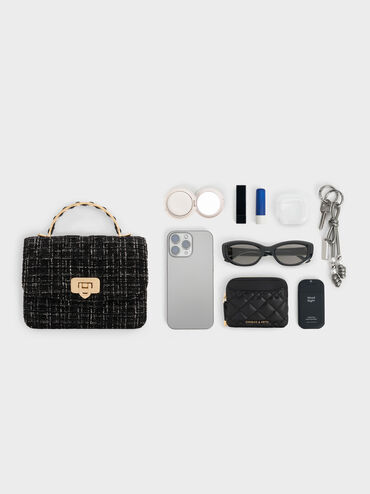 Cressida Tweed Quilted Top Handle Bag, Black Tweed, hi-res