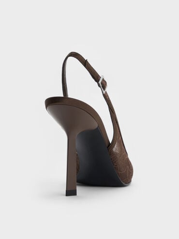 Lace & Satin Slingback Pumps, Dark Brown Textured, hi-res