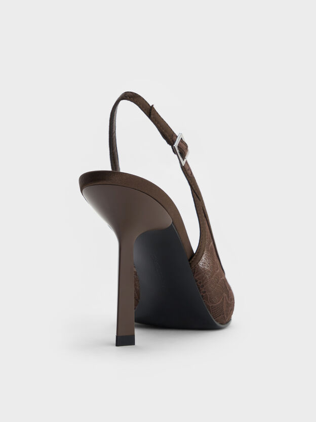 Lace & Satin Slingback Pumps, Dark Brown Textured, hi-res