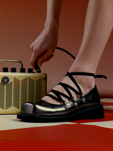 Metallic Heart-Embellished Lace-Up Ballet Flats, Pewter, hi-res