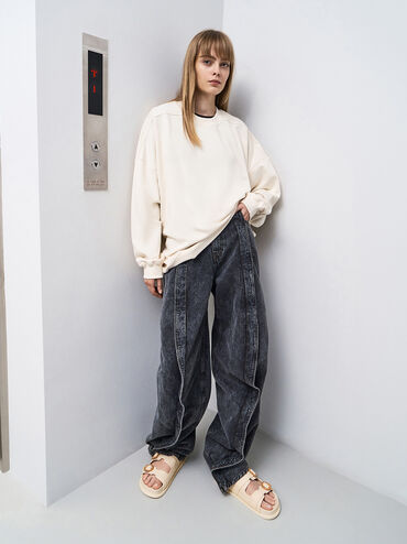 Woven-Buckle Double-Strap Sandals, Chalk, hi-res