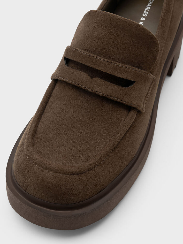 Evan Faux Suede Platform Loafers, Dark Brown Textured, hi-res