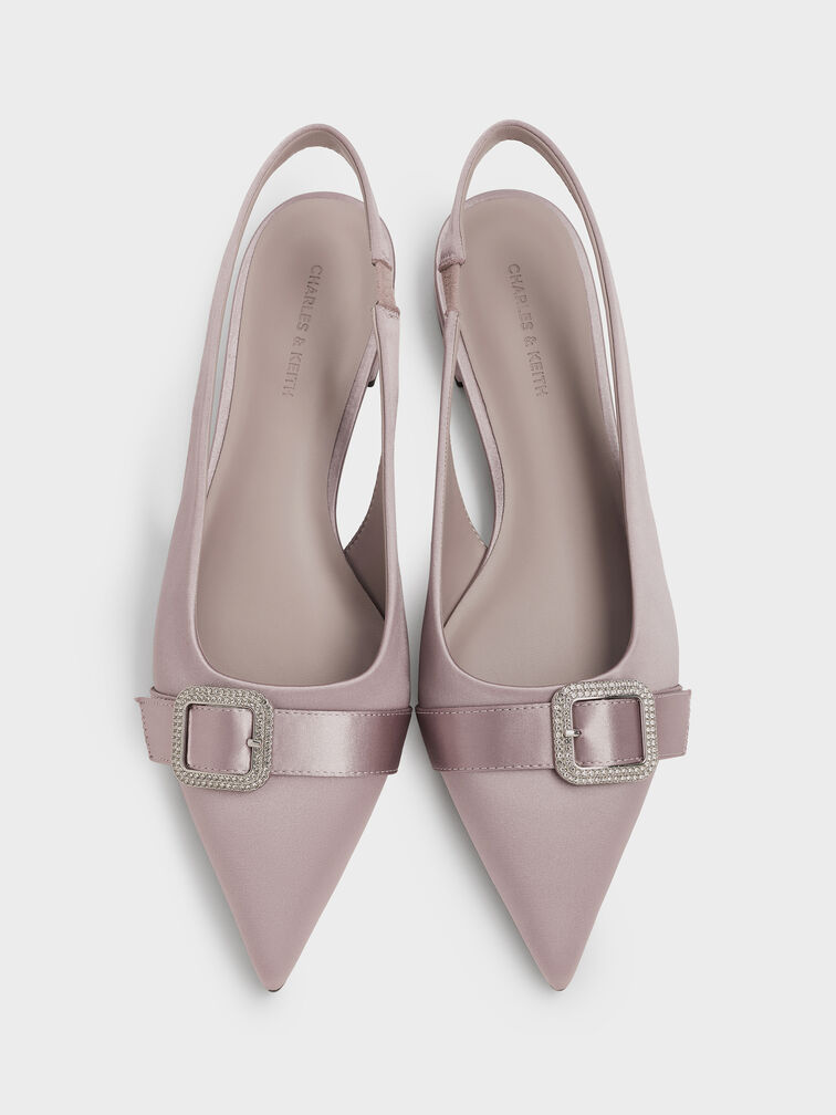 Satin Crystal-Buckle Pointed-Toe Slingback Flats, Mauve, hi-res
