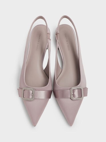 Satin Crystal-Buckle Pointed-Toe Slingback Flats, Mauve, hi-res