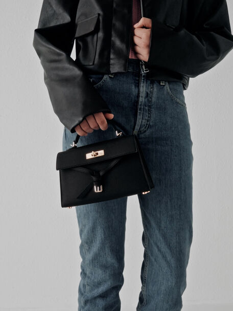 Tricha Knotted-Belt Top Handle Bag, Black, hi-res