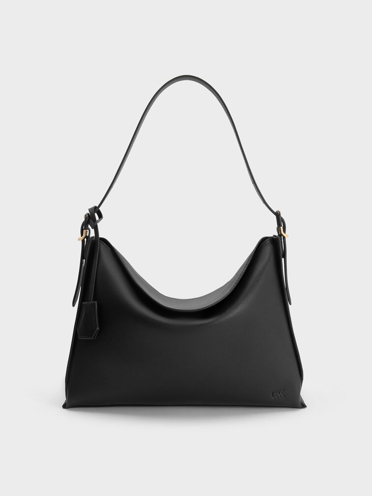 Large Leather Top-Flap Hobo Bag, Black, hi-res