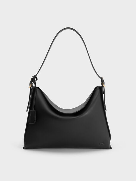 Large Leather Top-Flap Hobo Bag, Black, hi-res