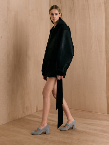 Winona Felt Bow Furry-Strap Mary Jane Pumps, Light Grey, hi-res