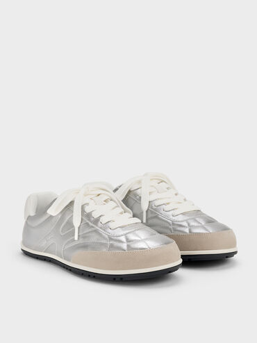 Metallic Low-Top Sneakers, Silver, hi-res