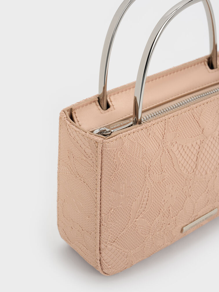 Jennis Lace & Satin Top Handle Bag, Nude Textured, hi-res