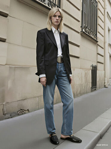 Metallic-Bar Loafer Mules, Black Box, hi-res