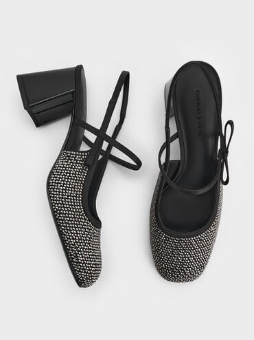 Satin Crystal-Embellished Slingback Mary Jane Pumps, Black Textured, hi-res