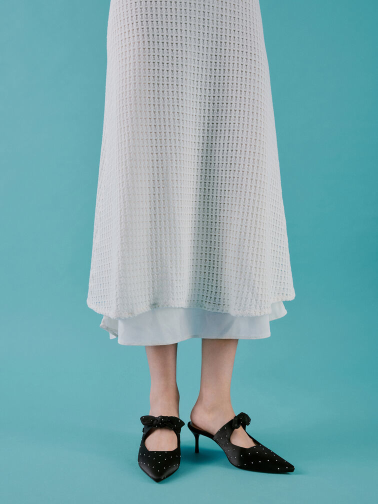 Jayce Dotted Knot-Bow Kitten-Heel Mules, Black Textured, hi-res