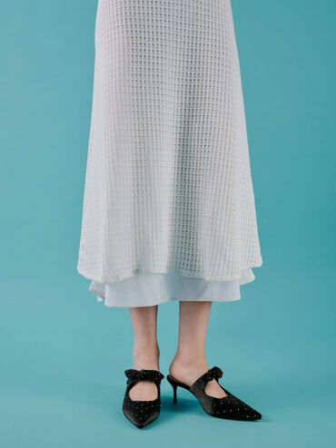 Jayce Dotted Knot-Bow Kitten-Heel Mules, Black Textured, hi-res