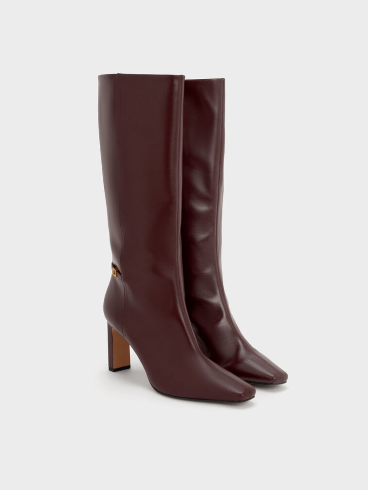 Georgina Leather Tapered Square-Toe Blade-Heel Knee-High Boots, Burgundy, hi-res