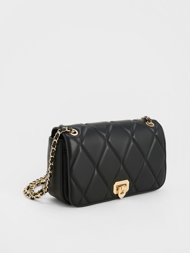 Arwen Diamond-Quilt Braided-Strap Shoulder Bag, Black, hi-res