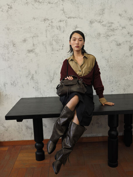 Noane Side-Pocket Two-Way Bucket Bag, Dark Brown, hi-res