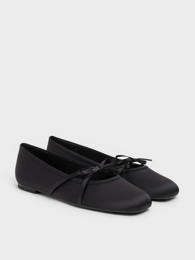Satin Bow Ballet Flats, Black Textured, hi-res