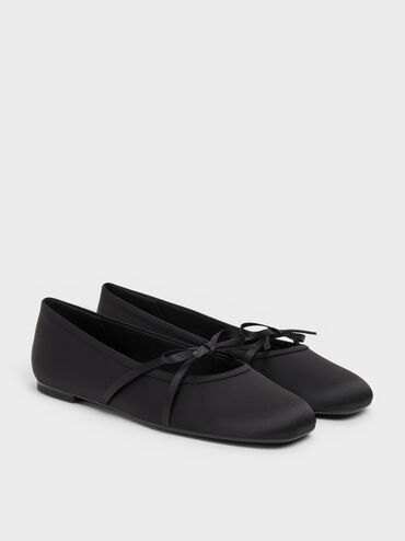 Satin Bow Ballet Flats, Black Textured, hi-res