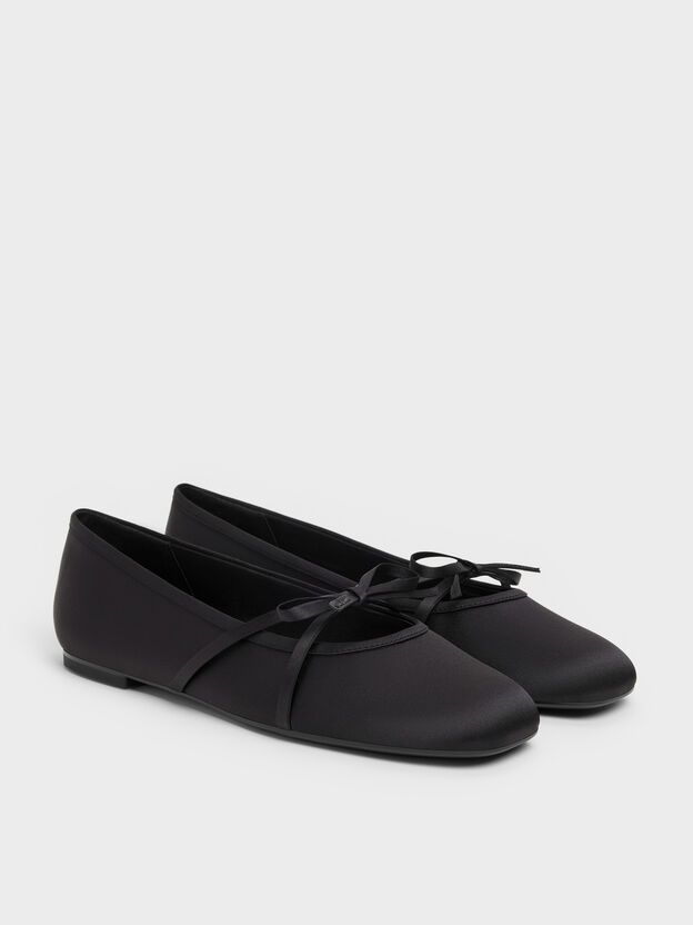 Satin Bow Ballet Flats, Black Textured, hi-res