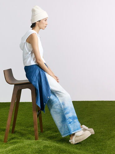 Textured Fur-Trim Flatform Mules, Beige, hi-res