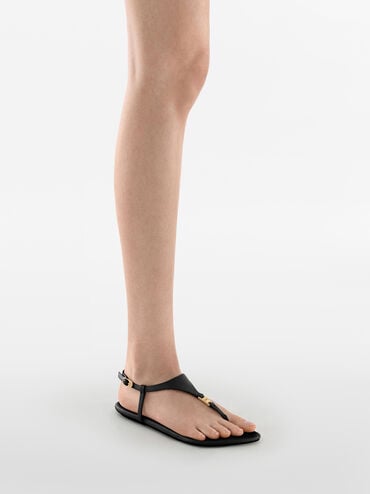 Leather T-Bar Thong Sandals, Black, hi-res