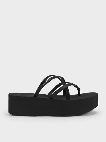 Levy Satin Strappy Flatform Sandals, Black Textured, hi-res