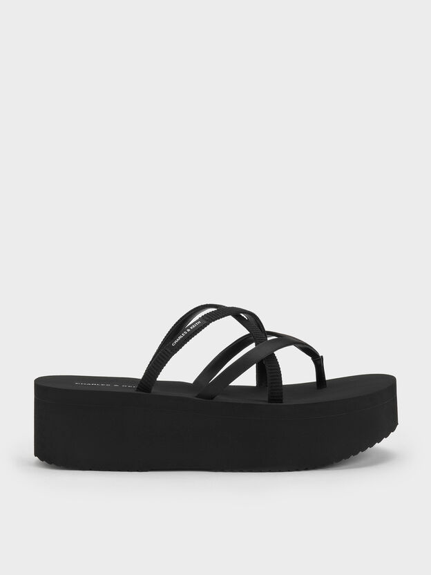 Levy Satin Strappy Flatform Sandals, Black Textured, hi-res
