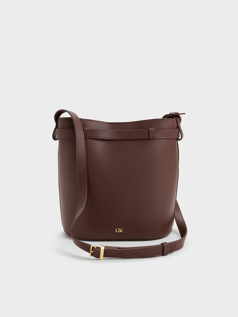 Jody Leather Belted Bucket Bag, Brown, hi-res