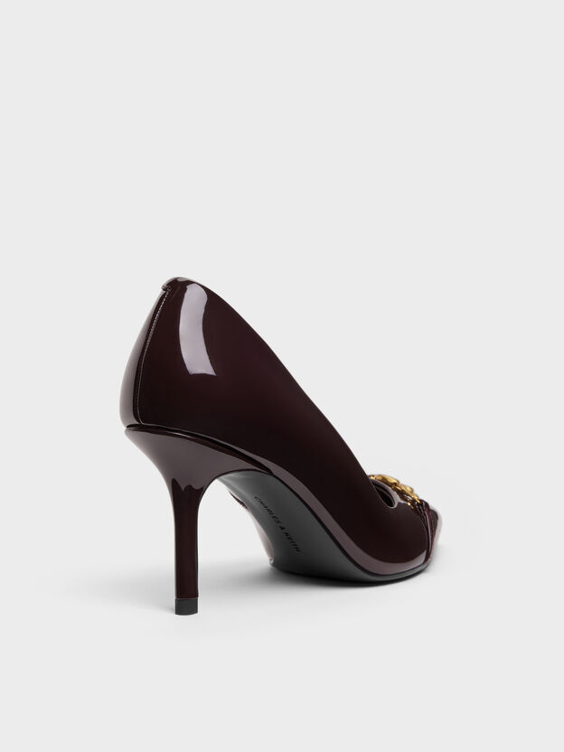 Patent Metallic-Buckle Pointed Pumps, Burgundy, hi-res
